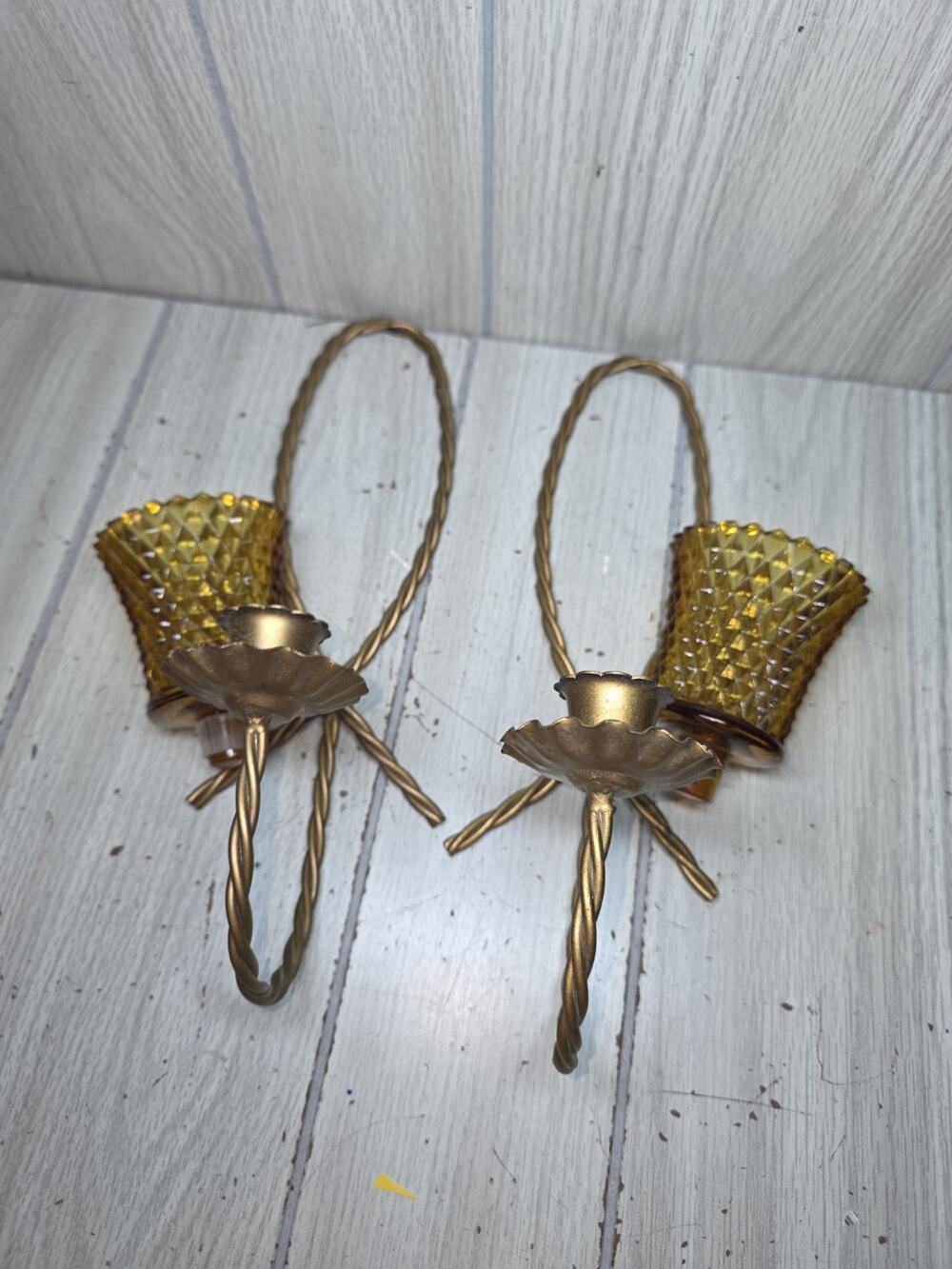 Vintage Home Interiors Twisted Wire Wall Sconces Amber Glass Votive Candleholder